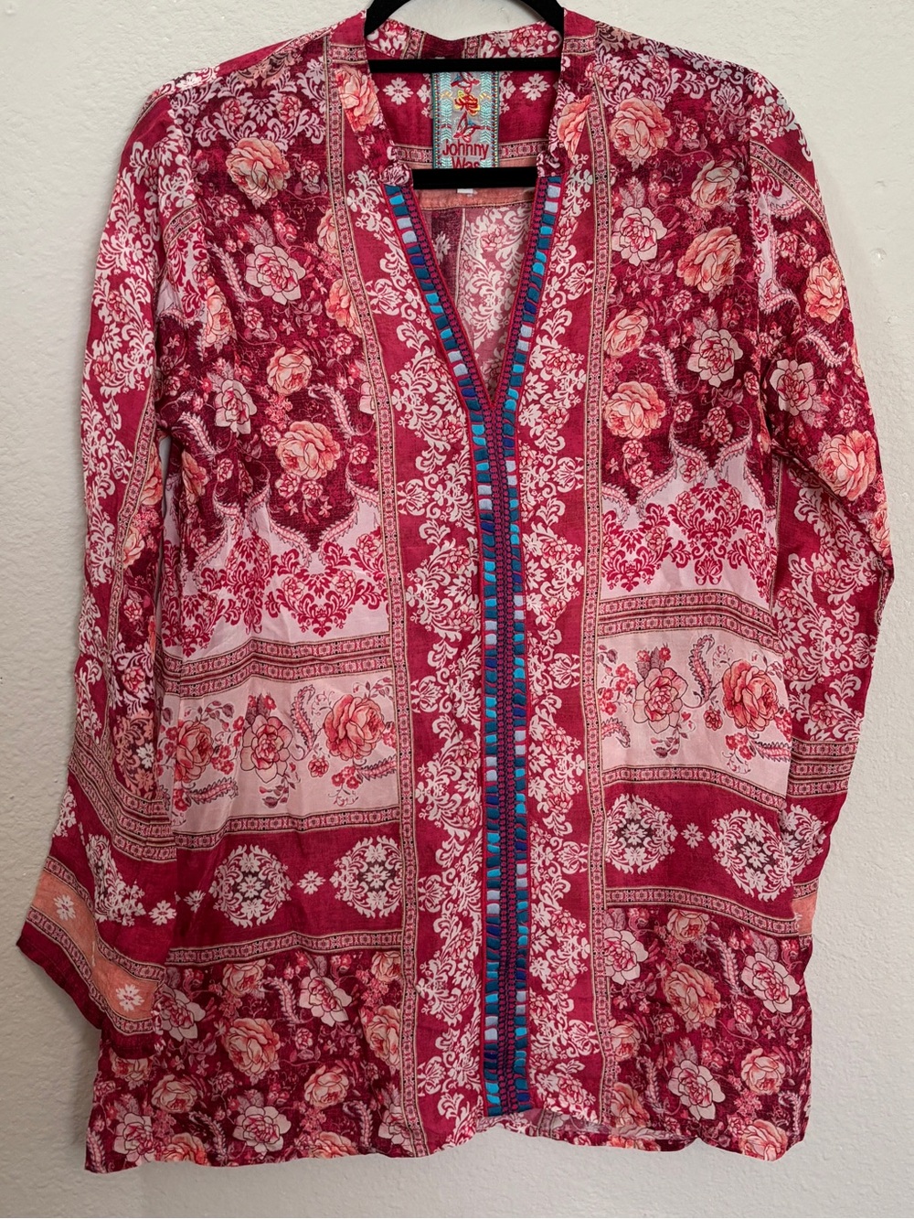 Johnny Was Red Boho Embroidered Trim Lightweight Tunic Blouse Size Small